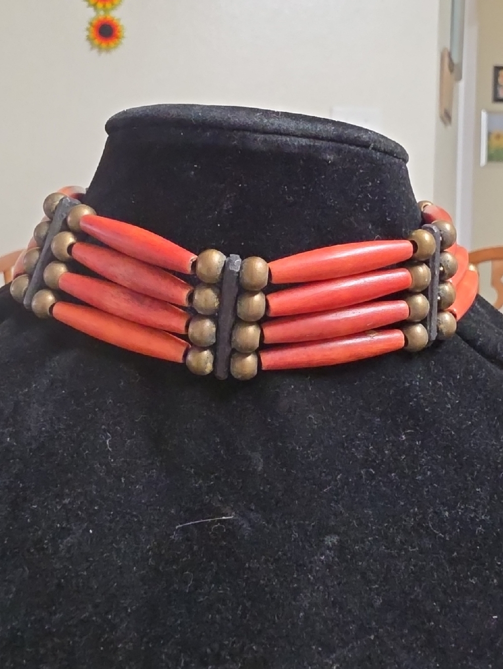 Vintage Red Dyed Bone and Brass 4 Strand  Hairpipe Choker